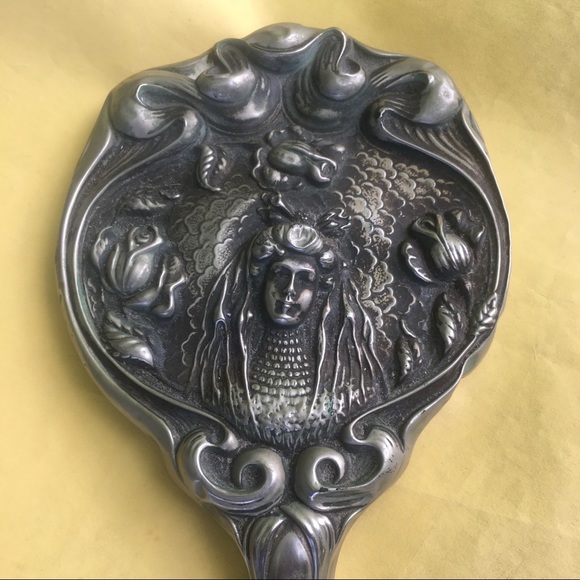 Vintage Lady Face Intricate Silver Hand Mirror